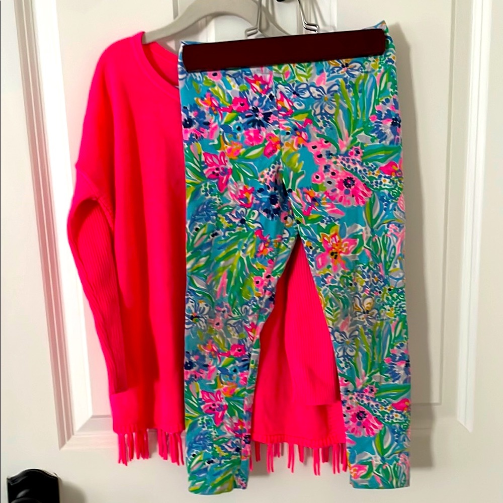 Lilly Pulitzer Vibrant Pink Sweater and Floral Leggings Set S 4-5